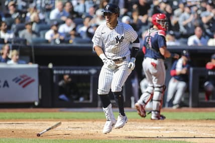 Sep 24, 2022; Bronx, New York, USA;  New York Yankees left fielder Oswaldo Cabrera (95) hits a two run home run in the fourth inning against the Boston Red Sox at Yankee Stadium. Mandatory Credit: Wendell Cruz-USA TODAY Sports
