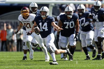 Sep 24, 2022; University Park, Pennsylvania, USA; Penn State Nittany Lions quarterback Sean Clifford (14) runs with the ball during the third quarter against the Central Michigan Chippewas at Beaver Stadium. Penn State defeated Central Michigan 33-14. Mandatory Credit: Matthew OHaren-USA TODAY Sports
