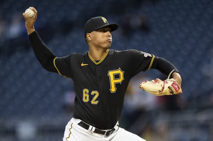 Sep 24, 2022; Pittsburgh, Pennsylvania, USA; Pittsburgh Pirates starting pitcher Johan Oviedo (62) throws against the Chicago Cubs in the first inning at PNC Park. Mandatory Credit: Scott Galvin-USA TODAY Sports