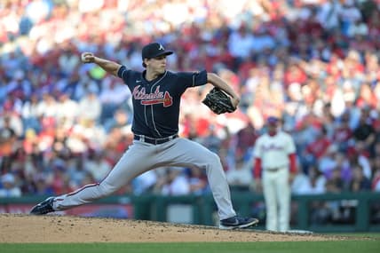 Sep 24, 2022; Philadelphia, Pennsylvania, USA;  Atlanta Braves starting pitcher Kyle Wright (30) pitches during the fourth inning of the game against the Philadelphia Phillies at Citizens Bank Park. Mandatory Credit: John Geliebter-USA TODAY Sports