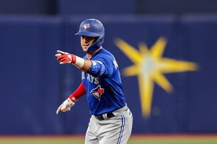 Sep 24, 2022; St. Petersburg, Florida, USA;  Toronto Blue Jays center fielder Whit Merrifield (1) reacts after hitting a three-run home run against the Tampa Bay Rays in the seventh inning at Tropicana Field. Mandatory Credit: Nathan Ray Seebeck-USA TODAY Sports