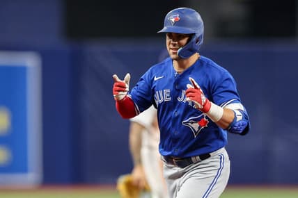 Sep 24, 2022; St. Petersburg, Florida, USA;  Toronto Blue Jays center fielder Whit Merrifield (1) reacts after hitting a three-run home run against the Tampa Bay Rays in the seventh inning at Tropicana Field. Mandatory Credit: Nathan Ray Seebeck-USA TODAY Sports