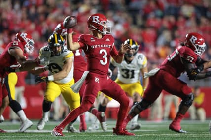 Sep 24, 2022; Piscataway, New Jersey, USA; Rutgers Scarlet Knights quarterback Evan Simon (3) throws against the Iowa Hawkeyes during the first half at SHI Stadium. Mandatory Credit: Vincent Carchietta-USA TODAY Sports