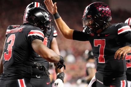Sep 24, 2022; Columbus, Ohio, USA; Ohio State Buckeyes running back Miyan Williams (3) celebrates scoring a touchdown with quarterback C.J. Stroud (7) during the first half of the NCAA Division I football game against the Wisconsin Badgers at Ohio Stadium. Mandatory Credit: Adam Cairns-The Columbus Dispatch

Ncaa Football Wisconsin Badgers At Ohio State Buckeyes
