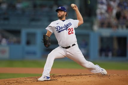 Sep 24, 2022; Los Angeles, California, USA; Los Angeles Dodgers starting pitcher Clayton Kershaw (22) throws against the St. Louis Cardinals in the second inning at Dodger Stadium. Mandatory Credit: Kirby Lee-USA TODAY Sports