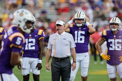 Sep 24, 2022; Baton Rouge, Louisiana, USA; LSU Tigers head coach Brian Kelly during warmups before the game against the New Mexico Lobos at Tiger Stadium. Mandatory Credit: Stephen Lew-USA TODAY Sports