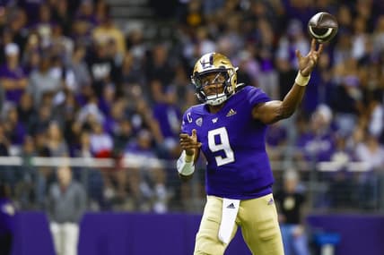 Sep 24, 2022; Seattle, Washington, USA; Washington Huskies quarterback Michael Penix Jr. (9) passes against the Stanford Cardinal during the first quarter at Alaska Airlines Field at Husky Stadium. Mandatory Credit: Joe Nicholson-USA TODAY Sports