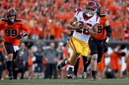 Sep 24, 2022; Corvallis, Oregon, USA;  USC Trojans running back Travis Dye (26) runs against the Oregon State Beavers in the first half at Reser Stadium. Mandatory Credit: Jaime Valdez-USA TODAY Sports