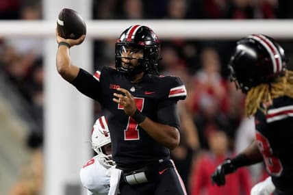 Sep 24, 2022; Columbus, Ohio, USA; Ohio State Buckeyes quarterback C.J. Stroud (7) throws during the second half of the NCAA Division I football game against the Wisconsin Badgers at Ohio Stadium. Ohio State won 52-21. Mandatory Credit: Adam Cairns-The Columbus Dispatch

Ncaa Football Wisconsin Badgers At Ohio State Buckeyes