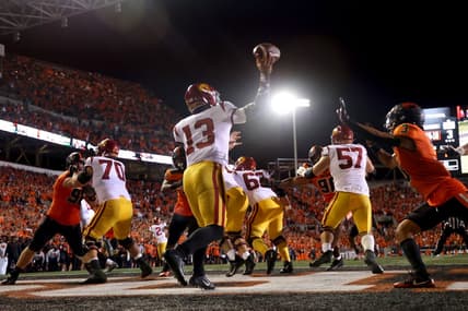 Sep 24, 2022; Corvallis, Oregon, USA;  USC Trojans quarterback Caleb Williams (13) throws from the end zone against the Oregon State Beavers in the second half at Reser Stadium. Mandatory Credit: Jaime Valdez-USA TODAY Sports