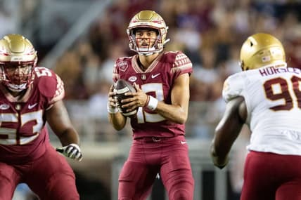 Florida State Seminoles quarterback Jordan Travis (13) looks for an open teammate for a pass. The Florida State Seminoles lead the Boston College Eagles at the half 31-0 Saturday, Sept. 24, 2022.

Fsu V Bc550