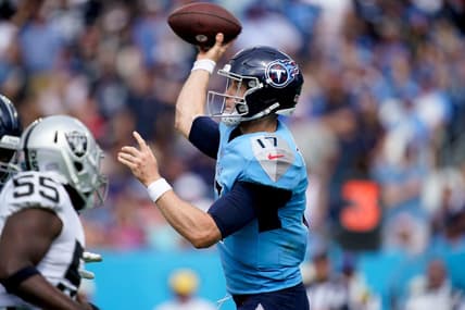 Tennessee Titans quarterback Ryan Tannehill (17) throws an interception during the third quarter at Nissan Stadium Sunday, Sept. 25, 2022, in Nashville, Tenn.

Nfl Las Vegas Raiders At Tennessee Titans
