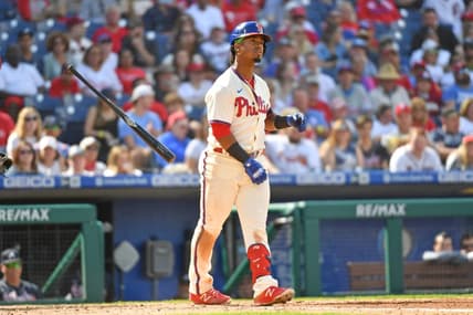 Sep 25, 2022; Philadelphia, Pennsylvania, USA; Philadelphia Phillies second baseman Jean Segura (2) reacts after striking out against the Atlanta Braves during the third inning at Citizens Bank Park. Mandatory Credit: Eric Hartline-USA TODAY Sports