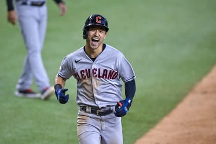 Sep 25, 2022; Arlington, Texas, USA; Cleveland Guardians left fielder Steven Kwan (38) smiles as he rounds the bases after he hits a grand slam against the Texas Rangers during the eighth inning at Globe Life Field. Mandatory Credit: Jerome Miron-USA TODAY Sports