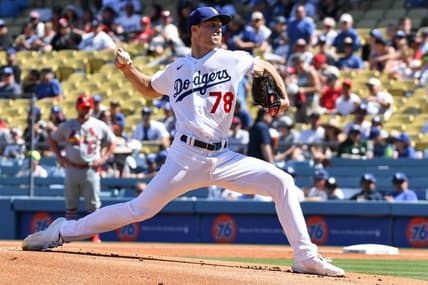 Sep 25, 2022; Los Angeles, California, USA; Los Angeles Dodgers starting pitcher Michael Grove (78) throws a pitch against the St. Louis Cardinals during first inning at Dodger Stadium. Mandatory Credit: Jonathan Hui-USA TODAY Sports