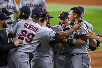 Sep 25, 2022; Arlington, Texas, USA; The Cleveland Guardians celebrate on the field after they clinch their first AL Central title since 2018 after the victory over the Texas Rangers at Globe Life Field. Mandatory Credit: Jerome Miron-USA TODAY Sports