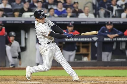 Sep 25, 2022; Bronx, New York, USA;  New York Yankees catcher Jose Trevino (39) hits an RBI single in the fourth inning against the Boston Red Sox at Yankee Stadium. Mandatory Credit: Wendell Cruz-USA TODAY Sports