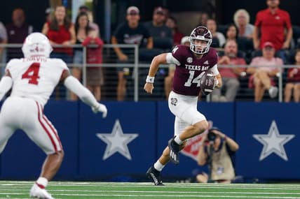 Sep 24, 2022; Arlington, Texas, USA; Texas A&M Aggies quarterback Max Johnson (14) during the first quarter against the Arkansas Razorbacks at AT&T Stadium. Mandatory Credit: Andrew Dieb-USA TODAY Sports