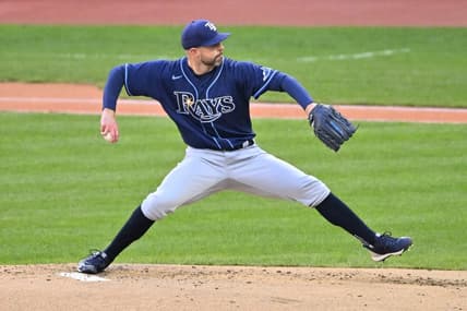 Sep 27, 2022; Cleveland, Ohio, USA; Tampa Bay Rays starting pitcher Corey Kluber (28) delivers a pitch in the first inning against the Cleveland Guardians at Progressive Field. Mandatory Credit: David Richard-USA TODAY Sports