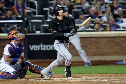 Sep 27, 2022; New York City, New York, USA; Miami Marlins left fielder JJ Bleday (67) follows through on a two run home run against the New York Mets during the third inning at Citi Field. Mandatory Credit: Brad Penner-USA TODAY Sports