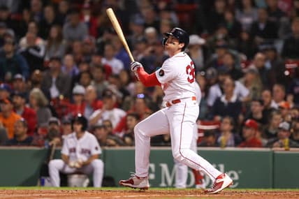 Sep 27, 2022; Boston, Massachusetts, USA; Boston Red Sox first baseman Triston Casas (36) hits a home run during the second inning against the Baltimore Orioles at Fenway Park. Mandatory Credit: Paul Rutherford-USA TODAY Sports