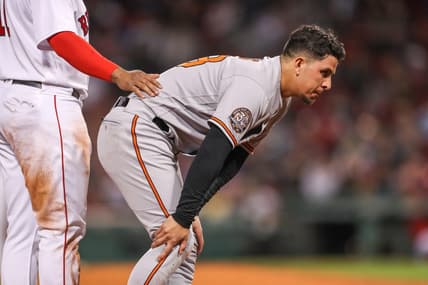 Sep 27, 2022; Boston, Massachusetts, USA; Baltimore Orioles third baseman Ramon Urias (29) reacts after injuring his knee during the fifth inning against the Boston Red Sox at Fenway Park. Mandatory Credit: Paul Rutherford-USA TODAY Sports