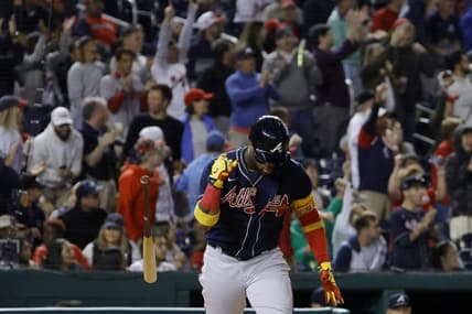 Sep 27, 2022; Washington, District of Columbia, USA; Atlanta Braves right fielder Ronald Acuna Jr. (13) flips his bat after hitting a home run against the Washington Nationals during the fifth inning at Nationals Park. Mandatory Credit: Geoff Burke-USA TODAY Sports