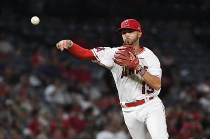 Sep 27, 2022; Anaheim, California, USA; Los Angeles Angels shortstop Livan Soto (13) throws to first for an out in the third inning against the Oakland Athletics at Angel Stadium. Mandatory Credit: Richard Mackson-USA TODAY Sports
