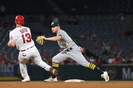 Sep 27, 2022; Anaheim, California, USA; Oakland Athletics second baseman Nick Allen (2) for Los Angeles Angels shortstop Livan Soto (13) out in the fourth inning at Angel Stadium. Mandatory Credit: Richard Mackson-USA TODAY Sports