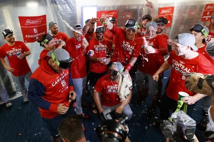 Sep 27, 2022; Milwaukee, Wisconsin, USA;  The St. Louis Cardinals celebrate winning the National League Central Division by defeating the Milwaukee Brewers at American Family Field. Mandatory Credit: Jeff Hanisch-USA TODAY Sports