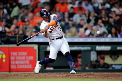Sep 28, 2022; Houston, Texas, USA; Houston Astros left fielder Chas McCormick (20) hits a two-run home run to right field against the Arizona Diamondbacks during the fifth inning at Minute Maid Park. Mandatory Credit: Erik Williams-USA TODAY Sports