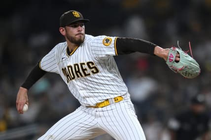 Sep 28, 2022; San Diego, California, USA; San Diego Padres starting pitcher Joe Musgrove (44) throws a pitch against the Los Angeles Dodgers during the first inning at Petco Park. Mandatory Credit: Orlando Ramirez-USA TODAY Sports