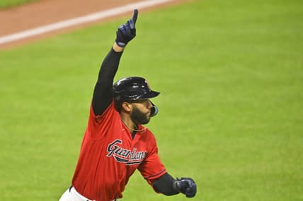 Sep 28, 2022; Cleveland, Ohio, USA; Cleveland Guardians pinch hitter Amed Rosario (1) celebrates his game-winning single in the tenth inning against the Tampa Bay Rays Progressive Field. Mandatory Credit: David Richard-USA TODAY Sports