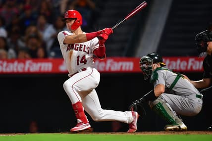 Sep 28, 2022; Anaheim, California, USA; Los Angeles Angels catcher Logan O'Hoppe (14) grounds out against the Oakland Athletics during the fourth inning at Angel Stadium. Mandatory Credit: Gary A. Vasquez-USA TODAY Sports