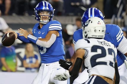 Sep 29, 2022; Provo, Utah, USA;  Brigham Young Cougars quarterback Jaren Hall (3) drops back to pass in the second quarter against the Utah State Aggies at LaVell Edwards Stadium. Mandatory Credit: Rob Gray-USA TODAY Sports