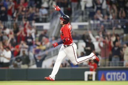Sep 30, 2022; Atlanta, Georgia, USA; Atlanta Braves third baseman Austin Riley (27) celebrates after a home run against the New York Mets in the second inning at Truist Park. Mandatory Credit: Brett Davis-USA TODAY Sports