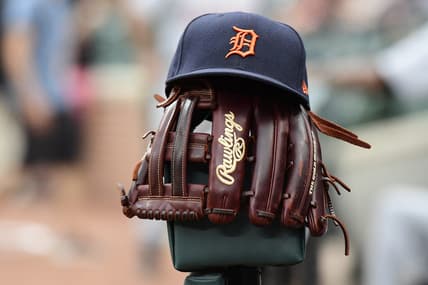 May 28, 2019; Baltimore, MD, USA;  A detailed view of Detroit Tigers hat and glove before the game against the Baltimore Orioles at Oriole Park at Camden Yards. Mandatory Credit: Tommy Gilligan-USA TODAY Sports