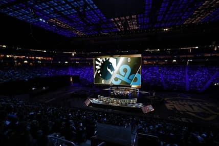 Aug 25, 2019; Detroit, MI, USA; The logos of both teams up on the screen just before the LCS Summer Finals event between Team Liquid and Team Cloud9 at Little Caesars Arena. Mandatory Credit: Raj Mehta-USA TODAY Sports