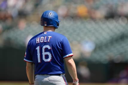Aug 8, 2021; Oakland, California, USA;  Texas Rangers second baseman Brock Holt (16) during the fifth inning against the Oakland Athletics at RingCentral Coliseum. Mandatory Credit: Stan Szeto-USA TODAY Sports