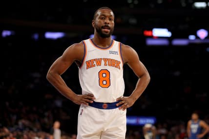 Jan 18, 2022; New York, New York, USA; New York Knicks guard Kemba Walker (8) reacts during the first quarter against the Minnesota Timberwolves at Madison Square Garden. Mandatory Credit: Brad Penner-USA TODAY Sports