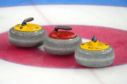 Feb 18, 2022; Beijing, China; A view of the stones used in the men's curling bronze medal game during the Beijing 2022 Olympic Winter Games at National Aquatics Center. Mandatory Credit: Andrew P. Scott-USA TODAY Sports