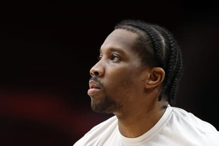 Feb 27, 2022; Portland, Oregon, USA; Portland Trail Blazers shooting guard Eric Bledsoe (5) warms up prior to a game against the Denver Nuggets at Moda Center. Mandatory Credit: Soobum Im-USA TODAY Sports