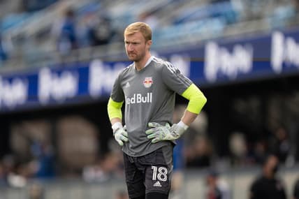 February 26, 2022; San Jose, California, USA; New York Red Bulls goalkeeper Ryan Meara (18) before the game against the San Jose Earthquakes at PayPal Park. Mandatory Credit: Kyle Terada-USA TODAY Sports
