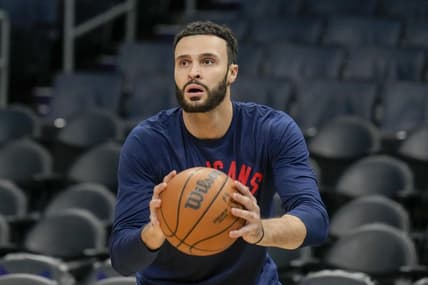 Mar 21, 2022; Charlotte, North Carolina, USA; New Orleans Pelicans forward Larry Nance Jr. (22) during pregame warmups against the Charlotte Hornets at Spectrum Center. Mandatory Credit: Jim Dedmon-USA TODAY Sports