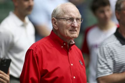 Apr 13, 2022; Atlanta, Georgia, USA; Former Georgia Bulldogs head coach Vince Dooley before a game between the Atlanta Braves and Washington Nationals at Truist Park. Mandatory Credit: Brett Davis-USA TODAY Sports