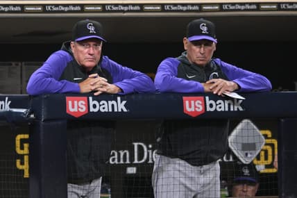 Jun 10, 2022; San Diego, California, USA; Colorado Rockies manager Bud Black (right) and hitting coach Dave Magadan  (left) look on from the dugout during the eighth inning against the San Diego Padres at Petco Park. Mandatory Credit: Orlando Ramirez-USA TODAY Sports