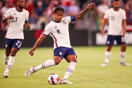 United States midfielder Weston McKennie (8) shoots the ball during the match against Grenada at Q2 Stadium in Austin, Texas on June 10, 2022.

Aem Usmnt Vs Grenada 061022 18