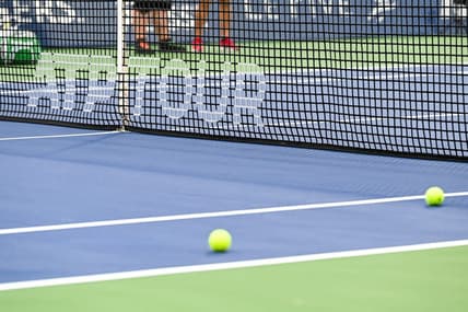 Aug 8, 2022; Montreal, Quebec, Canada; View of an ATP Tour logo on a net on central court before first round play at IGA Stadium. Mandatory Credit: David Kirouac-USA TODAY Sports