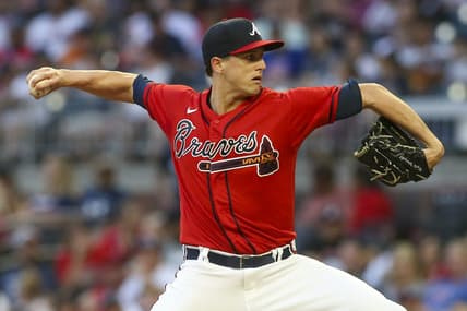 Aug 19, 2022; Atlanta, Georgia, USA; Atlanta Braves starting pitcher Kyle Wright (30) throws against the Houston Astros in the first inning at Truist Park. Mandatory Credit: Brett Davis-USA TODAY Sports