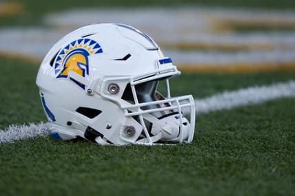Sep 1, 2022; San Jose, California, USA;  General view of the San Jose State Spartans helmet before the start of the game against the Portland State Vikings at CEFCU Stadium. Mandatory Credit: Stan Szeto-USA TODAY Sports